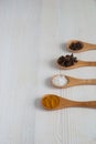 Top view of four spoons with spices