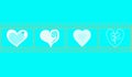 Top view, Four white heart shape on film frame of paint brushes isolated cyan background for design stock photo. valentine concept Royalty Free Stock Photo