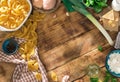 Top view frame of ingredients for cooking Italian pasta Royalty Free Stock Photo