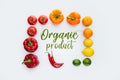 top view of frame of vegetables and fruits with text Organic Product