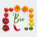 top view of frame of vegetables and fruits with word Bio