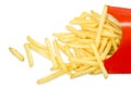 Top view of french fries from fast food restaurant falling disrupted isolate on white background