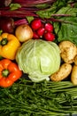 Top view of fresh assorted vegetables: cabbage, beetroots with haulm, potatoes, peppers Royalty Free Stock Photo