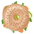 Top view of fresh bagel sandwich with salmon, avocado and rucola. Sesame seeds on top. Vector illustration.