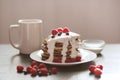 Top view of fresh baked muffins for breakfast in white plate, decorated with sour cream and berries, plate with pancackes and cup Royalty Free Stock Photo