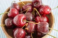 Top view of fresh cherries in wooden bowl on blue tablecloth background
