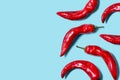 Top view of fresh chilli pepper isolated on blue background. Minimal food concept. Flat lay