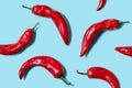 Top view of fresh chilli pepper isolated on blue background. Minimal food concept