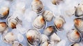 Top view on fresh clams in ice cubes. Sea food background. Generative AI