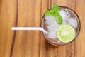 Top view of fresh cocktail with lime slice and mint on wood back Royalty Free Stock Photo