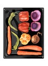 Top view of fresh colorful vegetables lying on black oven pan, hand drawn.
