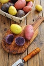 Fresh colorfull potatoes on rustic table background