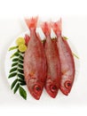 Top view of Fresh Finned Bulls eye Fish Priacanthus Hamrur/ Moontail Bullseye Fish,Decorated with Lemon slice and Curry leaves ,