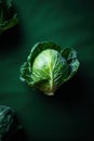 Top view of fresh green cabbage leaves on green background. Creative food concept.