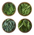 Top view. Fresh green lettuce and herbs isolated on a white background. Leaves of sage, arugula, spinach, dill in wooden bowl. Royalty Free Stock Photo