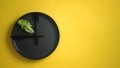 Top view of fresh green lettuce leaf on a black plate with fork and knife looking like a clock time for diet concept healthy Royalty Free Stock Photo