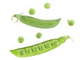 Top view of fresh green pea pods and peas isolated on white background Royalty Free Stock Photo