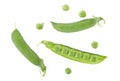 Top view of fresh green pea pods and peas isolated on white background Royalty Free Stock Photo