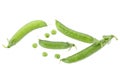 Top view of fresh green pea pods and peas on white background Royalty Free Stock Photo