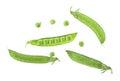 Top view of fresh green pea pods and peas on white background Royalty Free Stock Photo