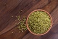 Top View of Fresh Green Tender Sorghum in a Earthen Bowl on Wooden Background