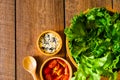 Top view of fresh green vegetable with red cherry tomato, onion and spinach with lettuce. Royalty Free Stock Photo