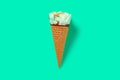 fresh hami melon and oats flavor ice cream cone with a bite on green background Royalty Free Stock Photo