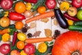 Top view of fresh harvested vegetables, fruits, herbs. copyspace Royalty Free Stock Photo