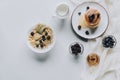 top view of fresh healthy muesli with pancakes and fruits Royalty Free Stock Photo