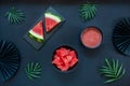 Top view of fresh iced homemade watermelon sorbet, granita, smoothie on black background Royalty Free Stock Photo