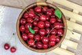 Top view of fresh juicy red sweet cherry berries in the wooden bowl on light background in summer. Royalty Free Stock Photo