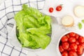 Top view of of fresh lettuce, cherry tomatoes and onion ready to prepare a salad Royalty Free Stock Photo