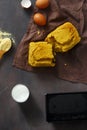 Top view fresh loaf homemade corn bread dark background