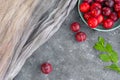 Top view of fresh organic ripe plums in ceramic bowl decorated with grey gauze fabric, leafs, copy space. Flat lay. Royalty Free Stock Photo