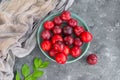 Top view of fresh organic ripe plums in ceramic bowl decorated with grey gauze fabric, leafs, copy space. Flat lay. Royalty Free Stock Photo