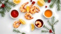 Top View Of Fresh Prawns Citrus Lemons Sauces And Pine Branches Lying Randomly On The Surface Royalty Free Stock Photo