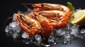 Top View Fresh Prawns on crashed ice, dark background. preparing healthy food. Generative AI