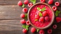 Top view of fresh raspberries and raspberry smoothie in bowl on wooden table