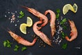 Top view of fresh raw prawn with spice and herbs