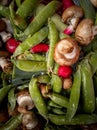 Top view of fresh raw Radishes pores green peas in pods and champignons just from the market Royalty Free Stock Photo