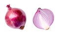 Top view of fresh red or purple onion bulb and half in set isolated on white background with clipping path Royalty Free Stock Photo