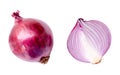 Top view of fresh red or purple onion with half in set isolated on white background with clipping path Royalty Free Stock Photo