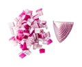 Top view of fresh red or purple onion slices or pieces in stack and set isolated on white background with clipping path