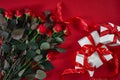 Top view fresh red rose flower and gift box on red deck with emp Royalty Free Stock Photo