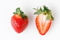 Top view of fresh red strawberries slice isolated on white background. Summer berries textured background. Flat lay. Macro shot of Royalty Free Stock Photo