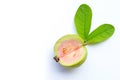 Top view of fresh ripe guava with leaf on white background