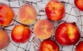 top view of fresh ripe nectarines and peaches on plaid fabric background Royalty Free Stock Photo