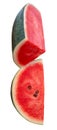 Top view of fresh ripe red watermelon fruit in slices or pieces or quarter in stack isolated on white background with clipping Royalty Free Stock Photo