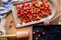 Top view fresh strawberries and blueberries on trays Royalty Free Stock Photo