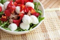 Top view of fresh summer vegetables and green herbs, red pepper, arugula, canned tuna and mozzarella as a salad in the white bowl Royalty Free Stock Photo